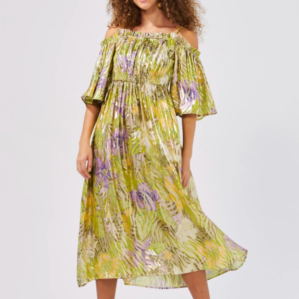 Heyley Menzies Tropical Hibiscusi Off Shoulder Silk Lurex Midi Dress